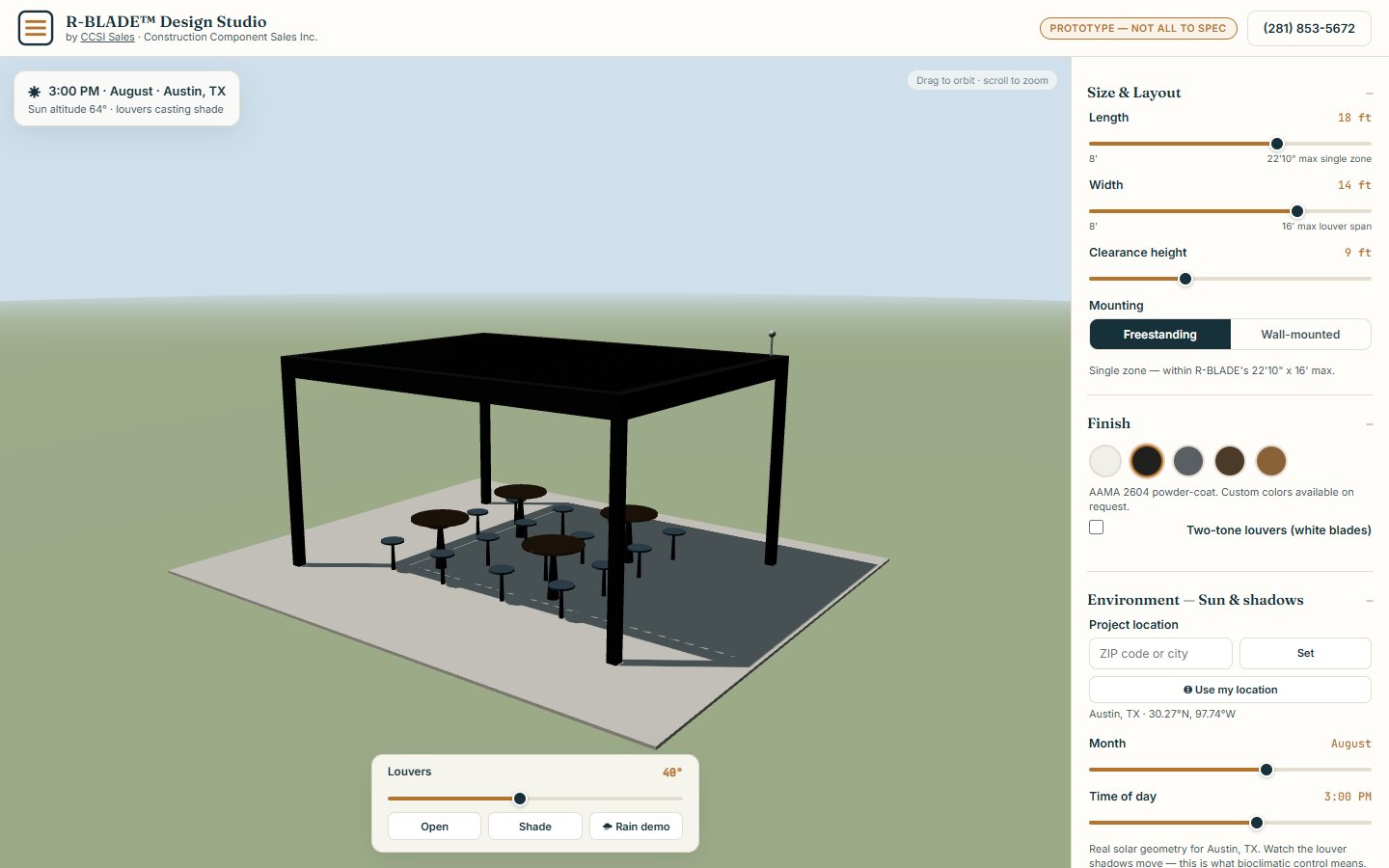R-BLADE Pergola Design Studio 3D configurator on CCSI Sales, showing live sizing, louver control, and sun/shadow simulation