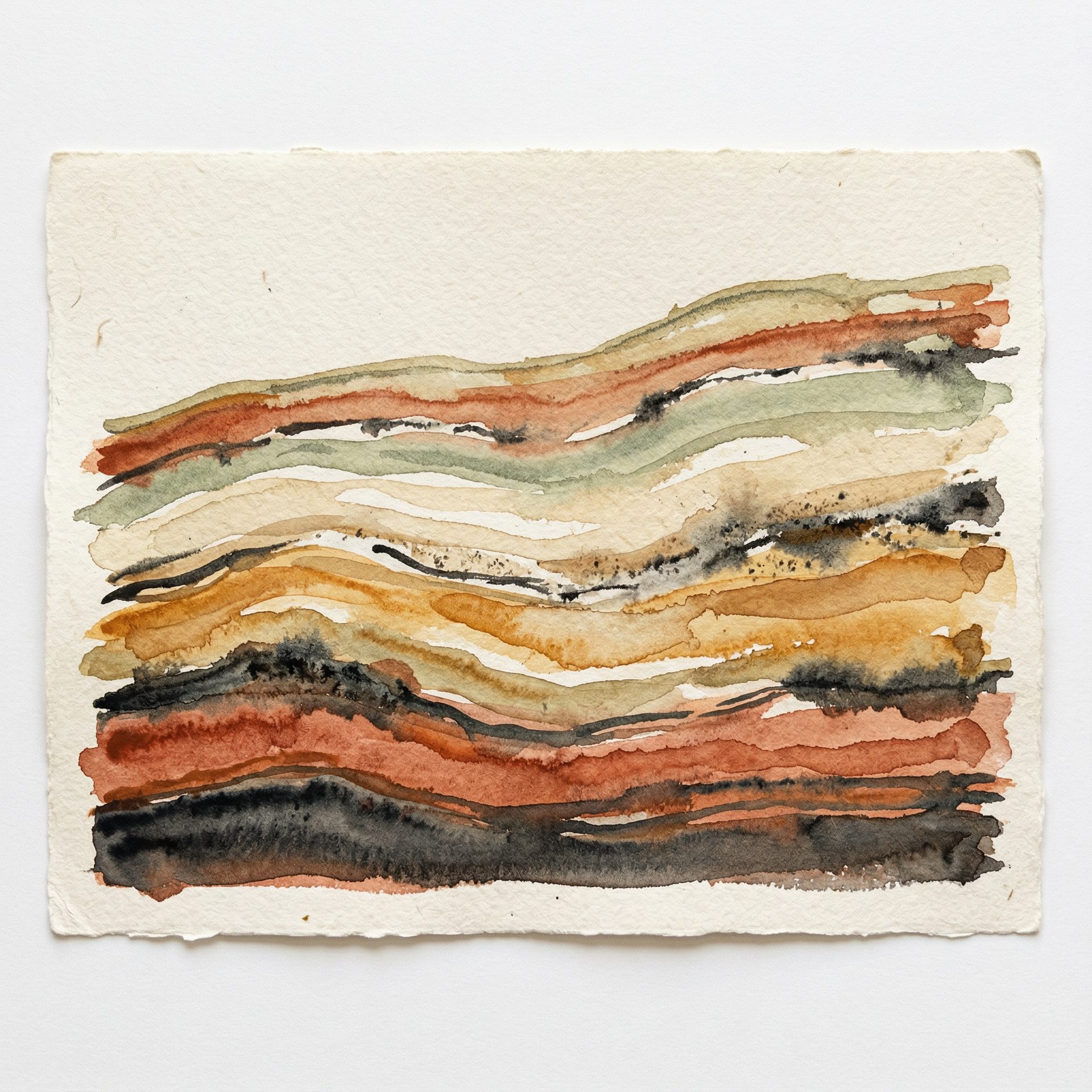 Watercolor painting of geological strata in earthy tones representing layers of foundation and expertise
