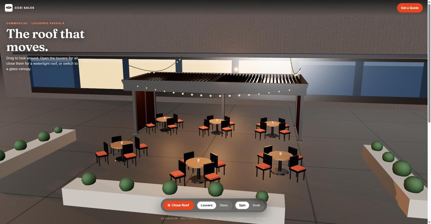 CCSI Sales 3D pergola configurator — interactive louvered pergola visualizer built into the browser