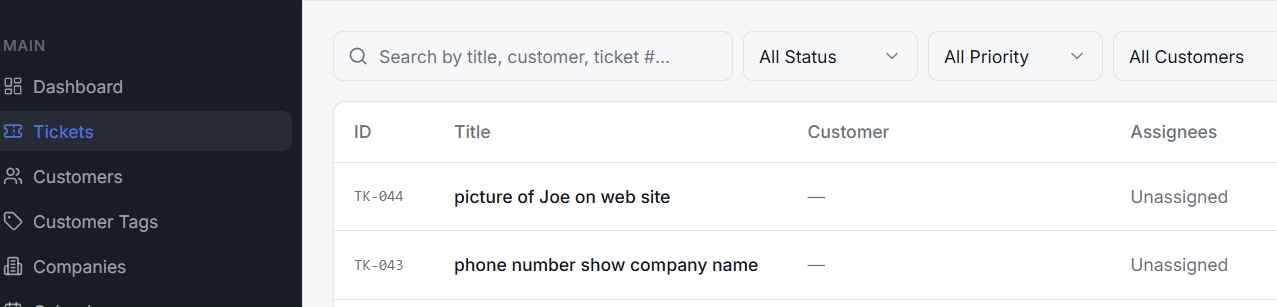Ticket list view with search, status, priority, and customer filters showing work-order tickets.