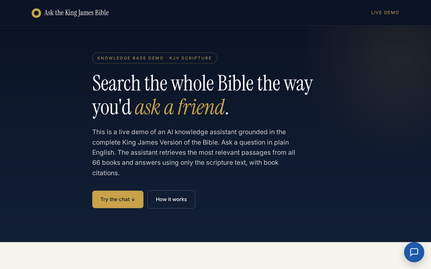 Screenshot of a serverless AI knowledge base searching the full Bible