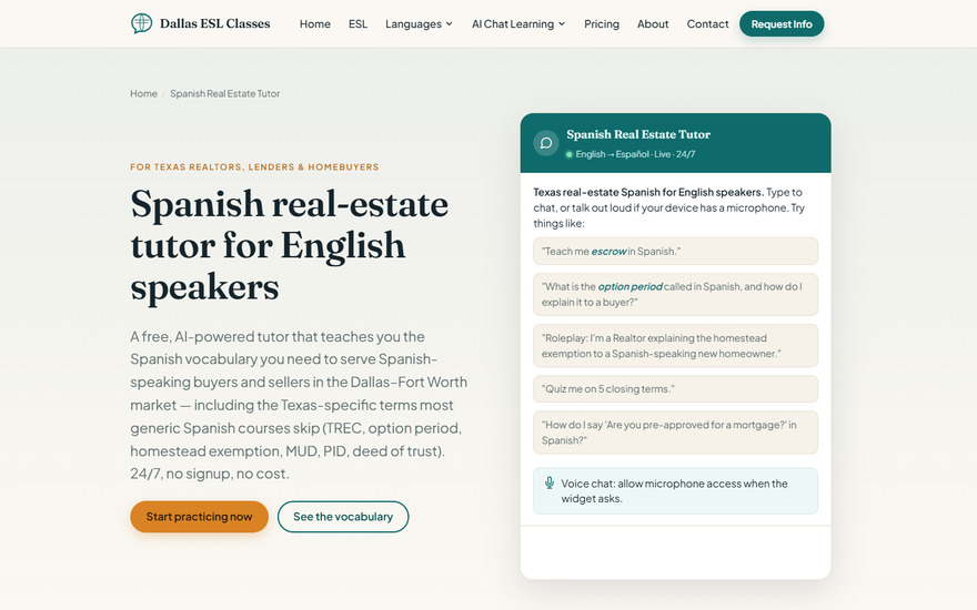 Screenshot of an AI Spanish tutor that teaches Texas real estate vocabulary to English speakers