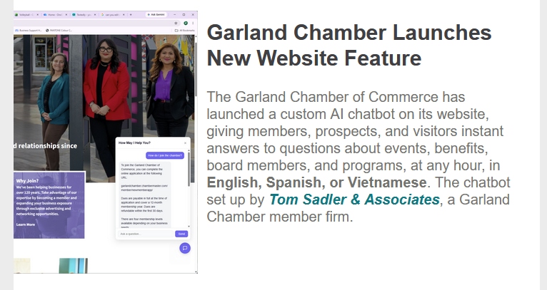 The custom AI chatbot live in the lower-right corner of the Garland Chamber of Commerce website